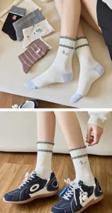 Women cute embroidered cartoon cotton mid socks Korean college style ruffles hosiery