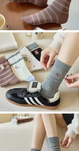 Cute cartoon puppy embroidered women mid-tube cotton socks with cozy rolled lace cuffs for autumn
