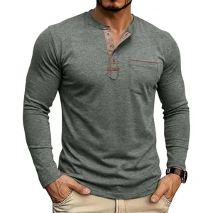 T-Shirt Manches Longues Henley pour Hommes Bloc de Couleur Haut Pullover Décontracté Coupe Régulière Mélange Polyester Printemps Automne Vêtements Quotidiens