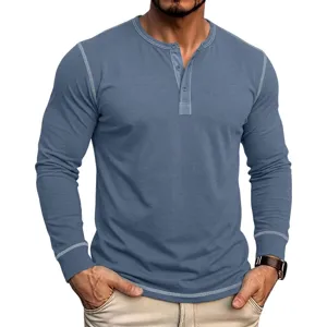 Detail view of men's long sleeve Henley shirt with button placket and contrast stitching.