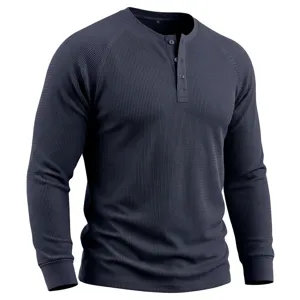 Men's waffle knit long sleeve henley shirt closeup showcasing texture and three button placket