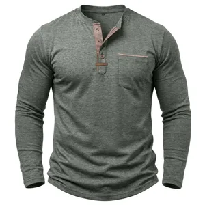 T-shirt Henley à manches longues pour homme avec patte contrastante et poche poitrine.