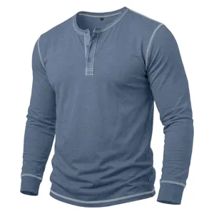 Close-up detail of men's long sleeve Henley shirt featuring contrast stitching and button placket.