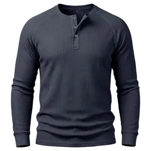 Mens long sleeve henley shirt waffle knit casual top with buttons detail view style.