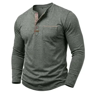 T-shirt Henley à manches longues pour homme avec poche contrastée haut décontracté