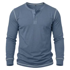 Men's long sleeve Henley shirt detail, casual contrast stitching blue top, comfortable wear.