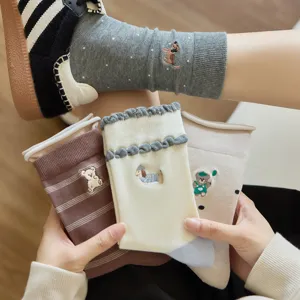 Women's Cute Cartoon Animal Embroidered Cotton Crew Socks Korean Style Lace Ruffle Vintage Stacked Mid Tube Socks