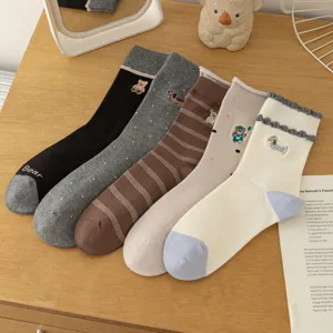 Cute cartoon embroidered cotton mid-calf socks for women, lace trim casual college style.