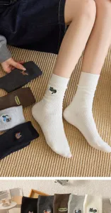 Women ribbed cotton socks with cute cat embroidery, Japanese style mid-calf socks for autumn winter.