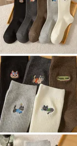 Ribbed cotton socks with cute cat embroidery, soft mid-calf length daily wear detail.