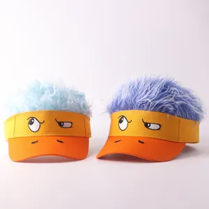 Funny novelty wig baseball visor with fluffy colored hair and cute duck expression design.