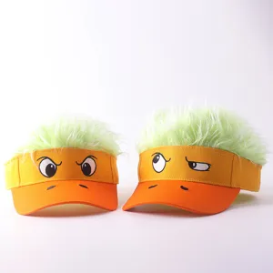 Funny duck expression sun visor hat with green simulation wig hair, detailed close-up shot.