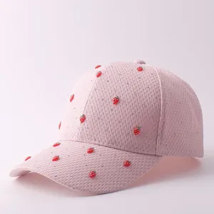 Rosa Baseballkappe mit Strass und Erdbeeren, süße atmungsaktive Mesh-Sonnenkappe für Damen.