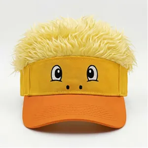 Funny anime wig baseball cap with cartoon eye embroidery and bright orange brim for party.