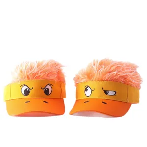 Funny plush duck visor cap with fluffy orange wig, novelty cartoon expression sun hat.