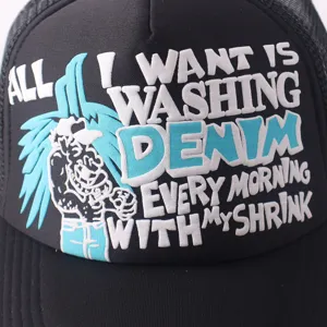 Black mesh baseball cap with stylish embroidered text and graphic detail for outdoor wear.