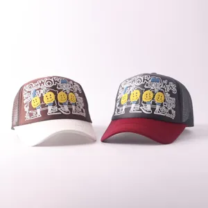 Breathable mesh baseball cap with stylish embroidered smiley face and letter pattern designs.