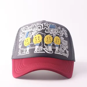 Grey red trucker hat with embroidered smiley faces and graffiti text, stylish streetwear.