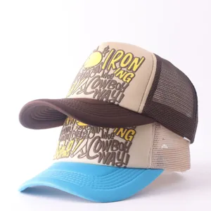 Detailed view of stylish graphic printed breathable mesh trucker cap for outdoor use.