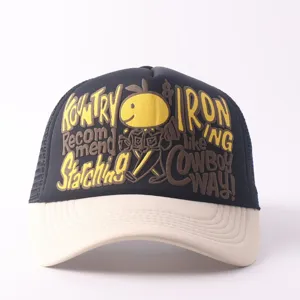 Trendy black baseball cap with yellow smiley print and letter design, breathable outdoor sun hat.