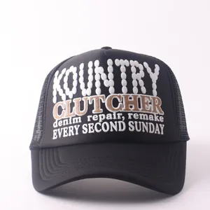 Detailed front view of the black mesh baseball cap featuring stylish custom letter embroidery.