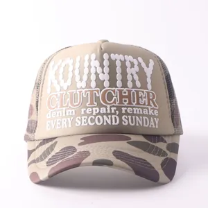 Detailed view of the breathable mesh baseball cap in beige and camo with printed graphic text.