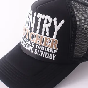 Black mesh baseball cap for men and women, stylish letter printed trucker hat, outdoor sun hat.