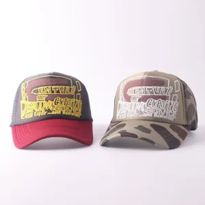 Detailed view of breathable mesh baseball caps with stylish front letter print and contrast brims.
