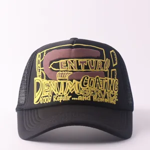Black mesh baseball hat with vintage style front embroidery letters and breathable trucker design.