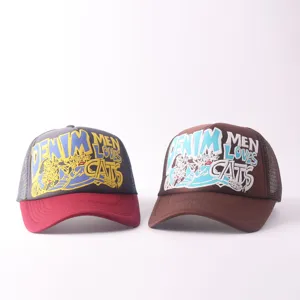 Stylish embroidered trucker baseball cap with breathable mesh back and bold front text design.