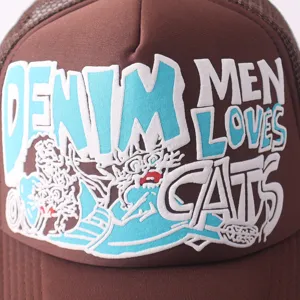Brown mesh baseball cap for men featuring stylish denim and cats letter print, casual outdoor.