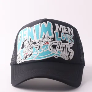 Black trucker baseball cap with stylish embroidered front text, breathable mesh and curved brim.
