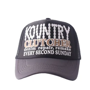 Classic black trucker hat with stylish letter print, breathable mesh back for outdoor wear.
