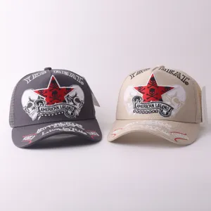 Casquette de baseball en filet respirant avec broderie tête de mort et étoile, style trucker.