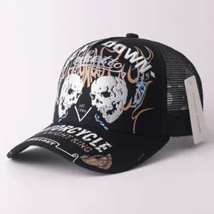 Casquette de baseball brodée tête de mort, casquette trucker en mesh respirante noire style