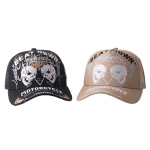 Casquette de baseball en mesh unisexe avec imprimés vintage têtes de mort et moto streetwear.