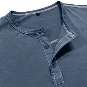 Men's long sleeve Henley shirt with contrast stitching, button placket, casual knit top.