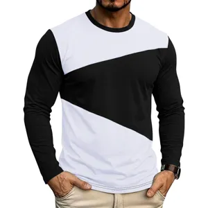 Maglietta uomo manica lunga color block casual slim fit collo rotondo top quotidiano