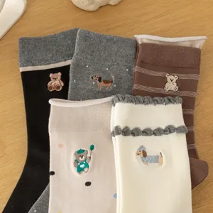 Cute cartoon animal embroidered mid-tube cotton socks for women, sweet style winter warm.