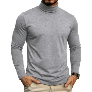 Detailansicht des grauen Langarm-Rollkragen-Basisshirts für Herren in schmaler Passform.
