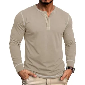 Men's long sleeve Henley shirt casual cotton blend tee with contrast stitching and buttons.