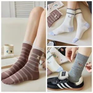 Women's cute cartoon embroidered cotton mid-calf socks, Korean style fall winter striped socks.