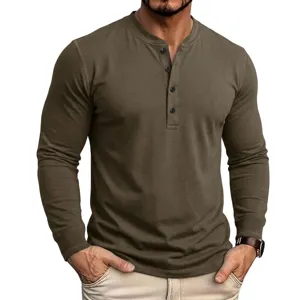 Herren Freizeit Langarm Henley Shirt mit Knöpfen, bequemes einfarbiges Baumwoll Top für Alltag.