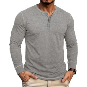 Detailed view of men's grey long sleeve Henley shirt, casual cotton top for autumn.