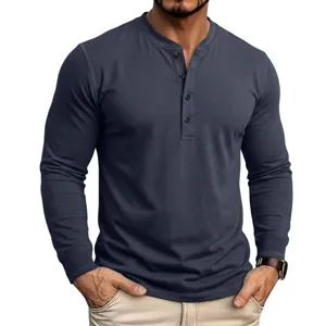Herren Langarm Henley Shirt schmale Passform Baumwolle Knopfleiste Oberteil Herbst Mode