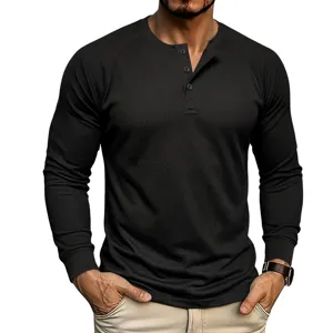 Close-up view of the black waffle knit long sleeve Henley shirt with three-button placket.