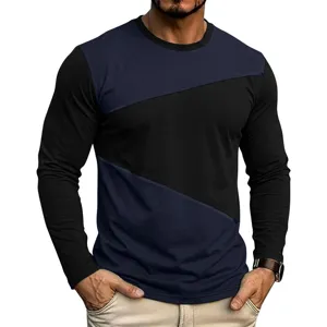 Maglietta uomo maniche lunghe color block casual slim girocollo top abbigliamento