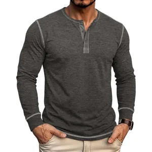 Men's Retro Casual Long Sleeve Henley Shirt Cotton Blend Solid Color Regular Fit Basic Top