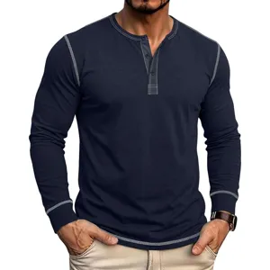 Men's long sleeve Henley shirt casual contrast stitching top for autumn daily wear.
