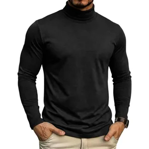 Herren einifarbig schwarz Rollkragen Langarm schmal geschnitten Thermoshirt Detailansicht.